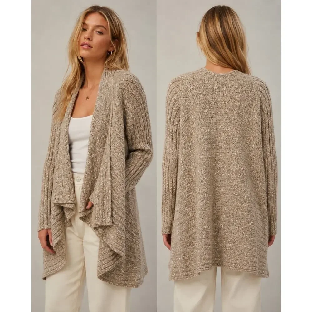 Free People Waterfall Cardigan XS Taupe Wool Blend Draped Boho Granola Sweater